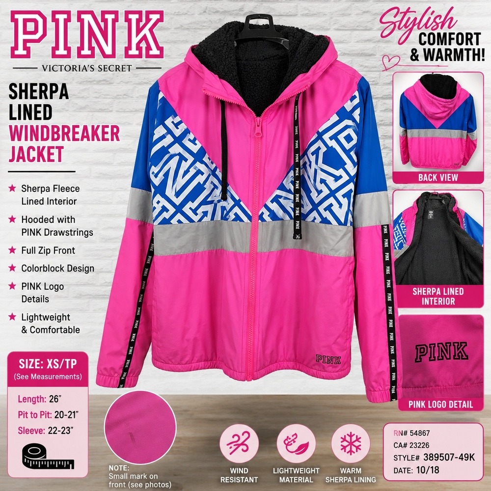 Pink Victoria's Secret Sherpa Lined Windbreaker Jacket Colorblock Pink XS 389507
